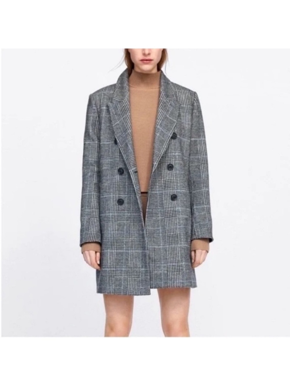 Zara Gray Plaid Double-Breasted Pea Coat